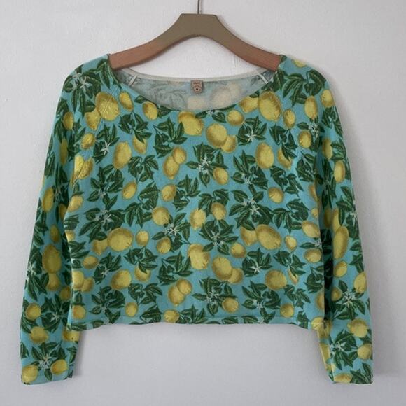 Farm Rio Colorful Teal Yellow Lemon Knit Sweater Fruit Raglan Cropped Sz L - Picture 1 of 10